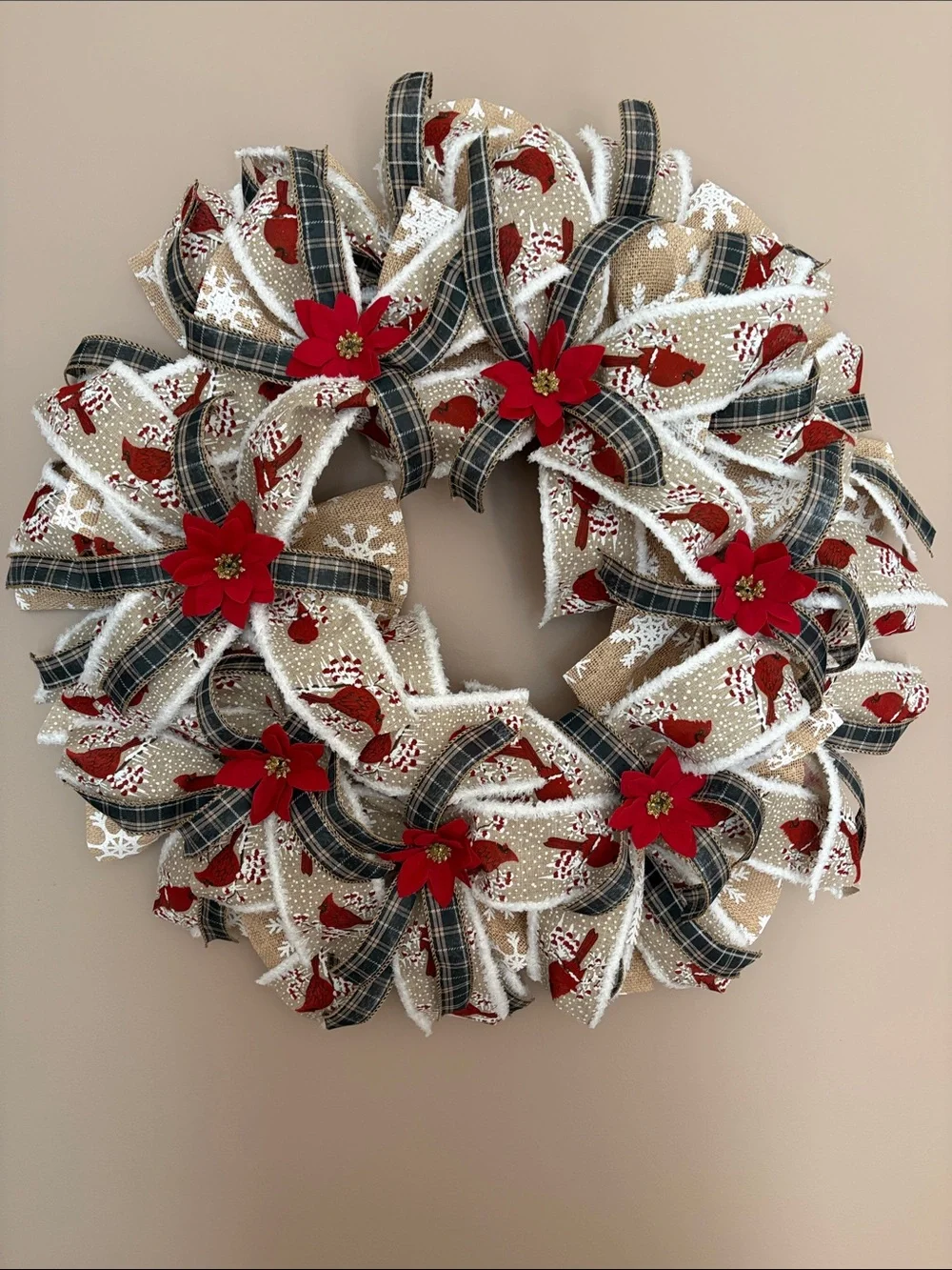 Burlap Holiday Wreath with Red Poinsettias and Plaid Ribbon